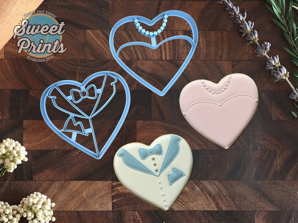 Set of 2 Bride and Groom Hearts Cookie Cutters/Dishwasher Safe